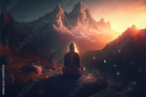 illustration of person meditating on top of mountains at sunset . ai