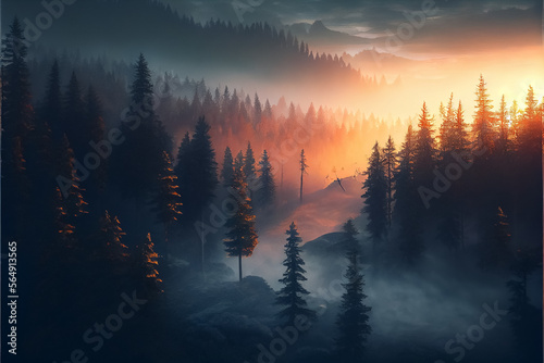 a beautiful view of the mountains and forest with sunset sky . AI