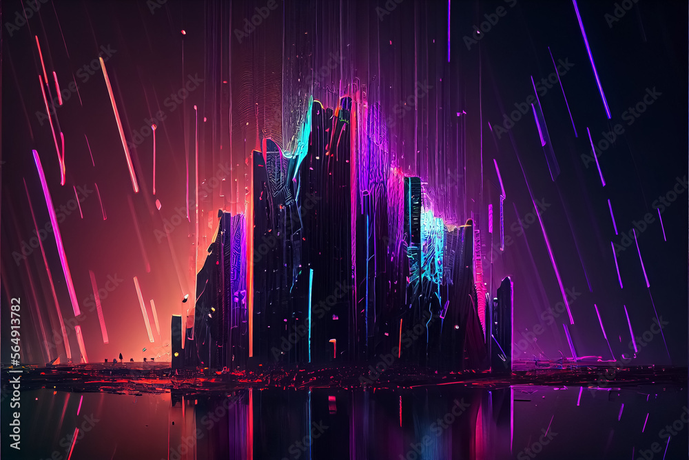 abstract neon background of glowing ultraviolet cyber city. AI