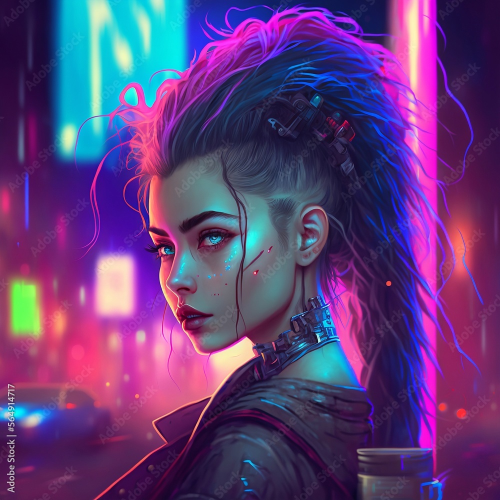 Purple Pink Cyberpunk Neon Girl Futuristic Dystopian City Asian 