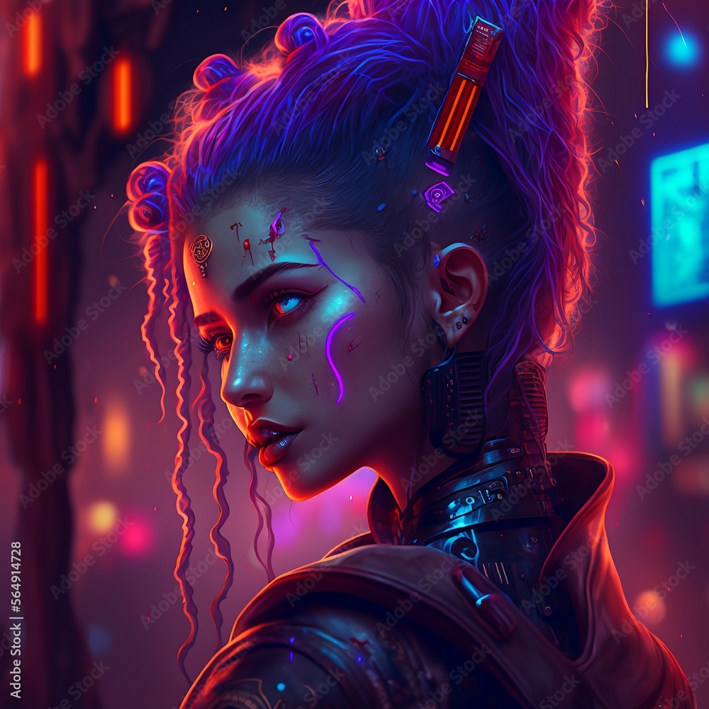 Purple Pink Cyberpunk Neon Girl Futuristic Dystopian City Over Shoulder Purple Pink Cyberpunk Neon Girl Futuristic Dystopian City Over Shoulder