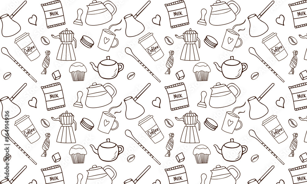 Vintage Hand drawn coffe seamless pattern with retro coffee maker, milk, cake, cookies. Repeated texture for cafe menu, shop wrapping paper.
