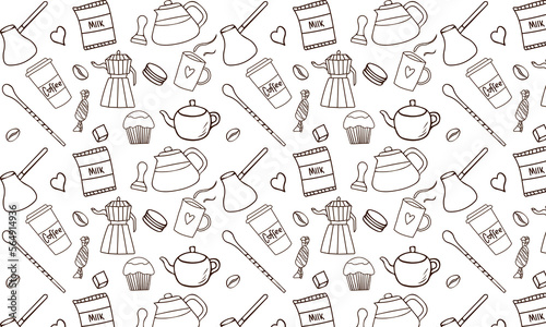 Vintage Hand drawn coffe seamless pattern with retro coffee maker, milk, cake, cookies. Repeated texture for cafe menu, shop wrapping paper.