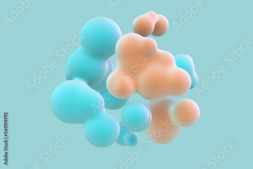 3D floating colored metaballs on blue background. Concept of modern organic chemistry and biological sciences. Futuristic abstract 3d shapes art background, EPS 10 vector illustration.