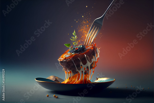 illustration of meat on fork with spices and smoke . AI photo