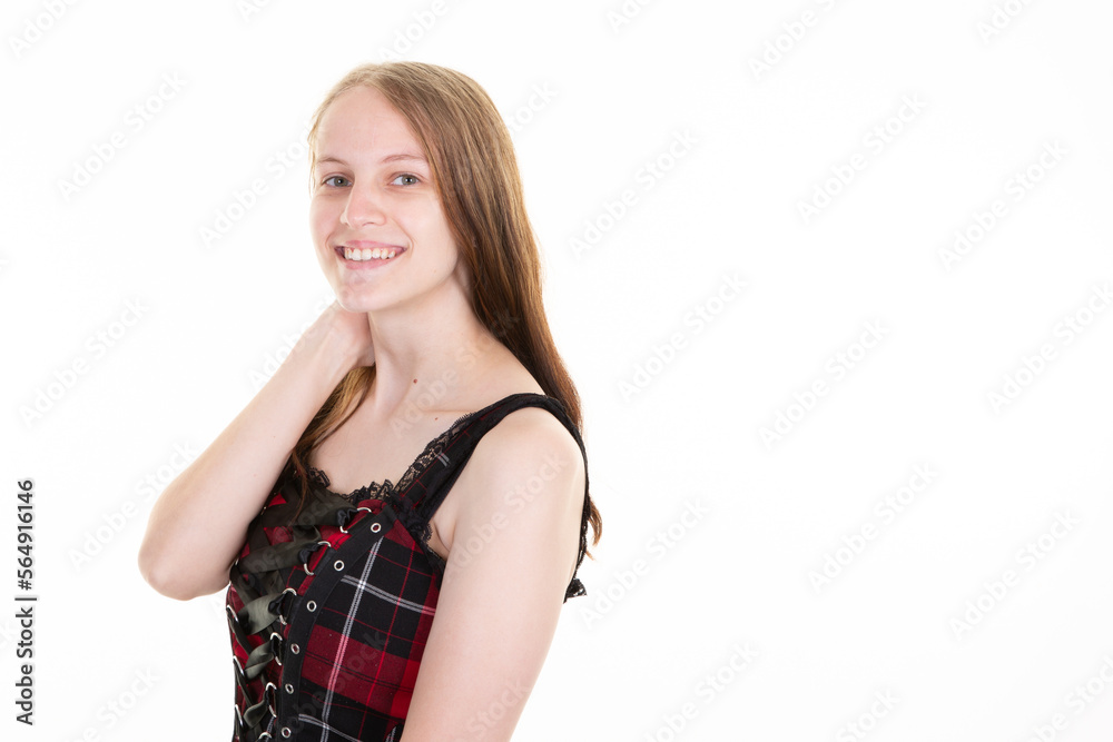 young pretty beautiful woman in red and black retro vintage dress smiling happy on white background young pretty beautiful woman in red and black retro vintage dress smiling happy on white background