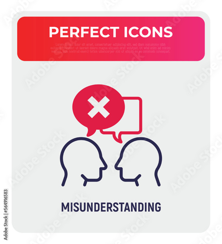 Misunderstanding in conversation between two persons. People are talking and in one speech bubble is cross mark. Conflict, disagreement. Modern vector illustration.