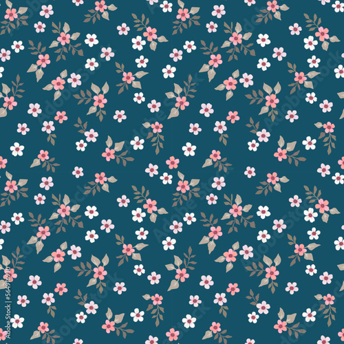 Vector floral seamless pattern with small flowers on a dark background. Vintage rustic style. For fabrics, textiles and design.