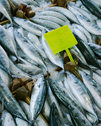 Plenty of fresh fish on the counter with a bright plastic sign photo