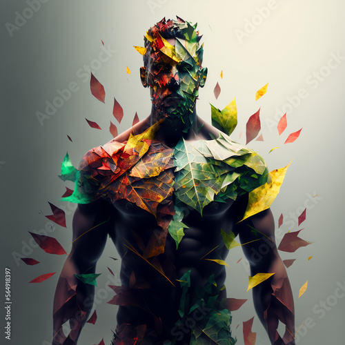 Full body portrait of a man covered by colourful leafs which represents nature 