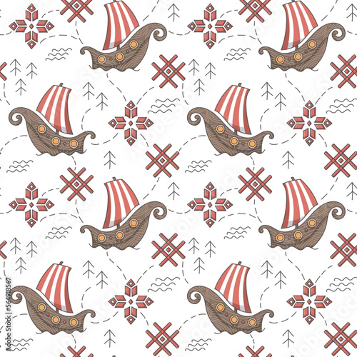 Seamless pattern. Norwegian wallpaper: drakkar, viking, sea, pattern, doodle. Textile ornament for wallpaper, for fabric, for children, for adults. © Mariia