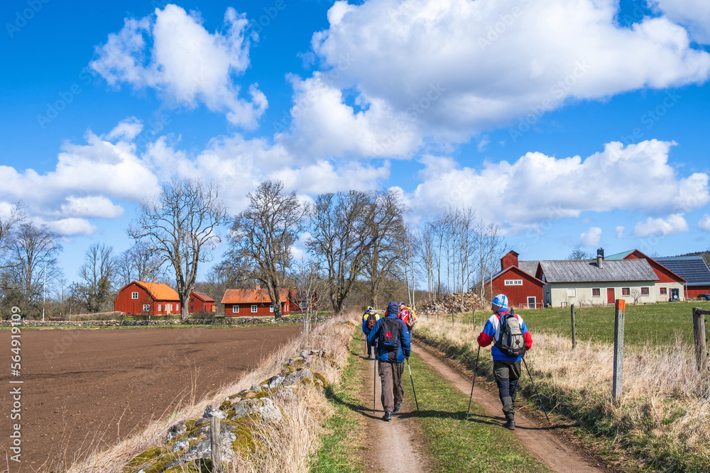 Obraz premium Group with men walking on a dirt road in the countryside