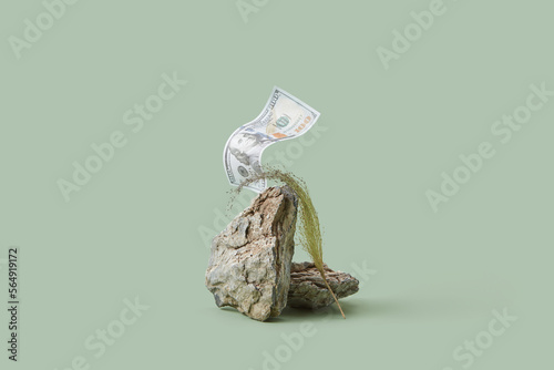 Composition of dollar and stone with green grass. photo