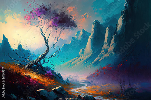Fantasy stunning landscape. Generative AI.    © ART IS AN EXPLOSION.