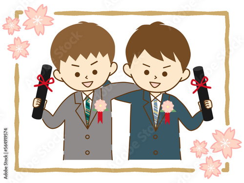 卒業証書を手に友達と肩を組んで笑顔で記念撮影③