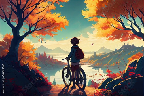 Boy on a bicycle looking at the autumn landscape, anime, fantasy - generative ai