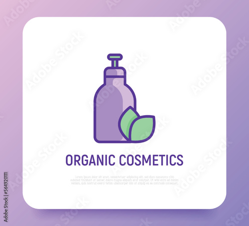 Organic cosmetics thin line icon: glass bottle with dispenser and leaf sign. Natural skin care. Modern vector illustration for beauty shop.