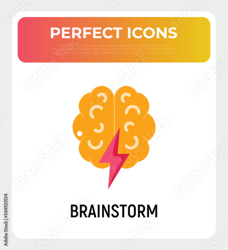 Brainstorm flat icon: brain with flash. Creativity, inspiration, imagination. Modern vector illustration.