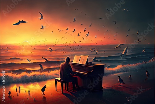 Digital art of a man playing beautiful piano melodies for a crown of seagulls at sunset on a beach, fantasy, anime - generative © Infinite Shoreline