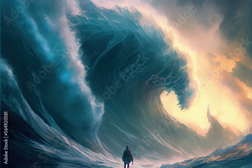 A man standing in the midst of a huge breaking wave, anime, fantasy - generative ai