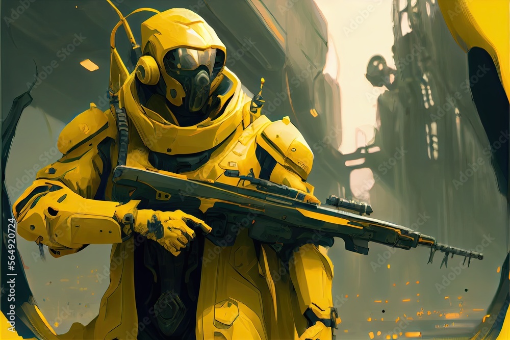 Futuristic cyborg soldier in yellow suit with gun, fantasy, anime ...