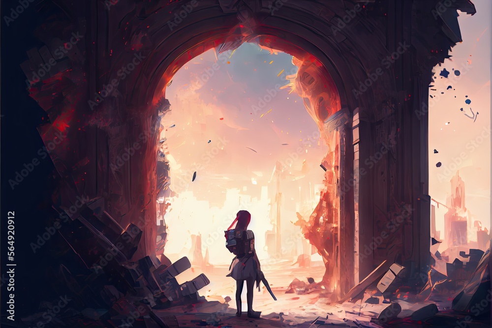 Naklejka premium A girl holding a gun looking at the destroyed futuristic portal in ruin city, fantasy - generative ai