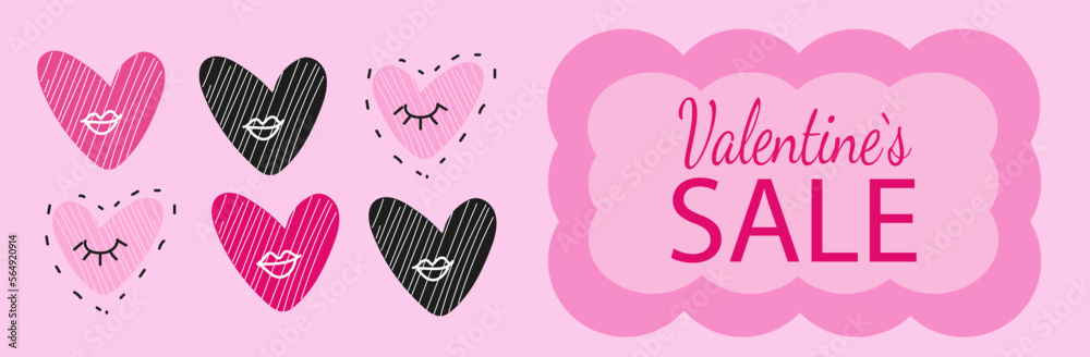 Happy valentine day horizontal doodle hand drawn banner vector