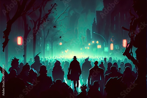 Concept illustration of a zombie crowd walking at night  anime  fantasy - generative ai