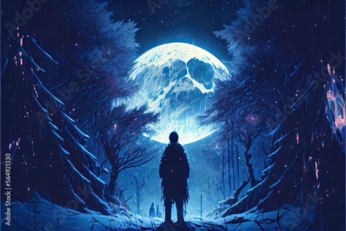 man in winter forest looking at the glowing giant moon, fantasy, anime - generative ai 