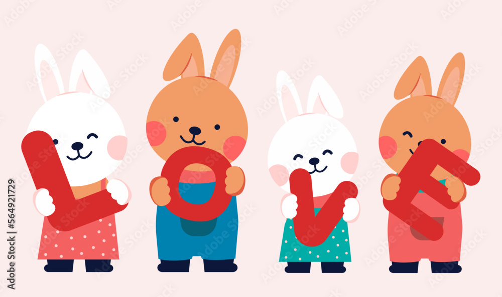 Group of colorful lovely rabbit. Love letters by standing. Kid graphic. Animal and sweet concept.