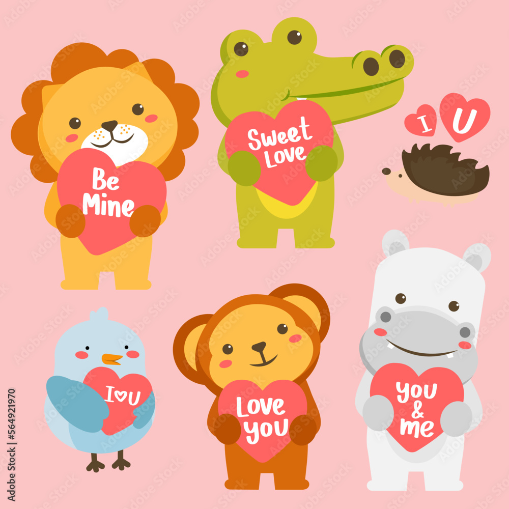 Big vector set with animals in cartoon style with love sign. Vector