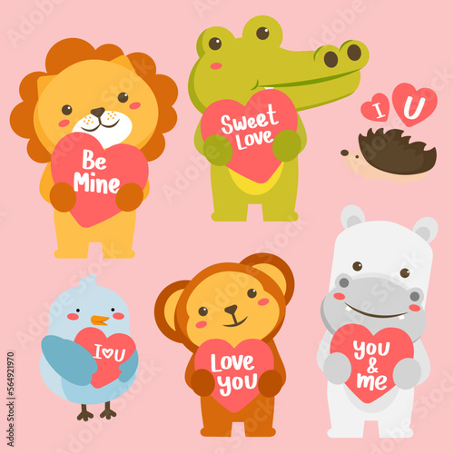 Big vector set with animals in cartoon style with love sign. Vector collection for valentine day celebration.