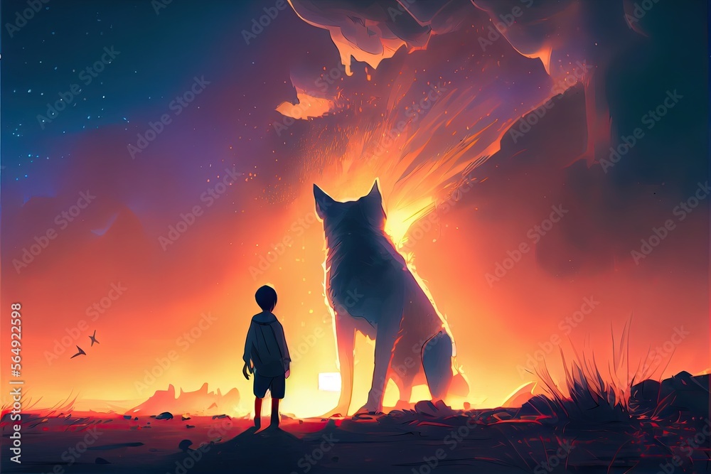 A boy and his puppy looking at the sunset, fantasy, anime - generative ai