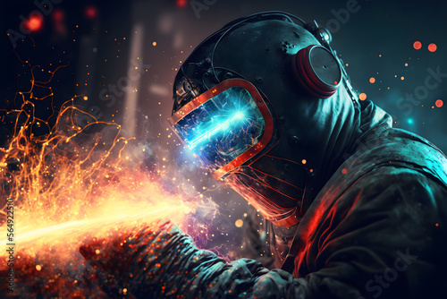 The welder welds the metal with glowing sparks around closeup