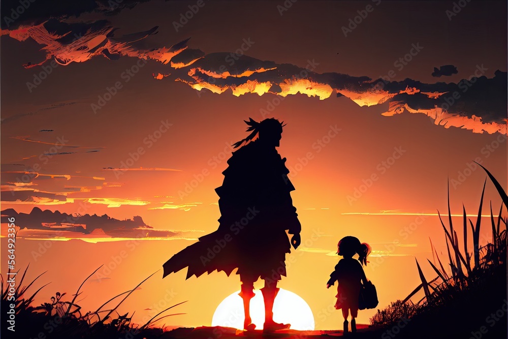 Silhouette of a man and his daughter looking at a beautiful sunset, fantasy, anime - generative ai