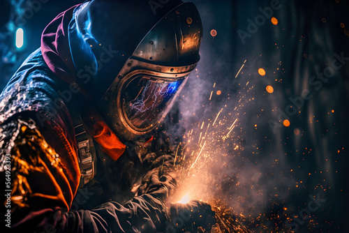 The welder welds the metal with glowing sparks around closeup