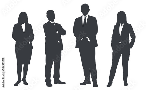 Business people group gray silhouettes pose on white background, flat line vector and illustration.