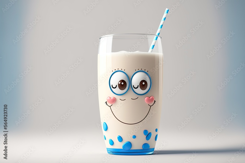 cute smiling glass of milk with gib eyes and a straw, ai art, cartoon