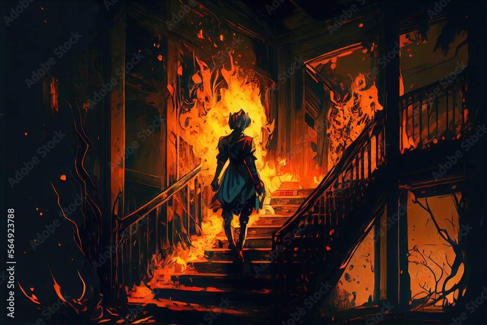 The super human torch walking down the stairs in an abandoned mansion, fantasy, anime - generative ai The super human torch walking down the stairs in an abandoned mansion, fantasy, anime - generative ai