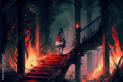 The super human torch walking down the stairs in an abandoned mansion, fantasy, anime - generative ai