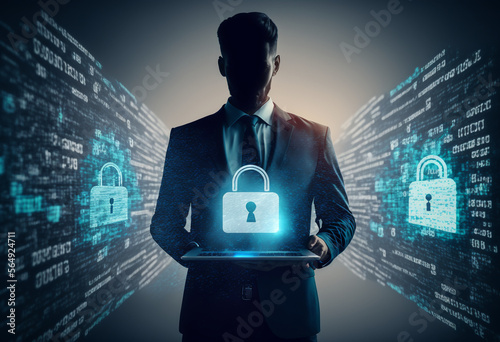 AI-Generated Render of a Businessman Securing a Network with Artificial Technology for Data Protection and Encryption