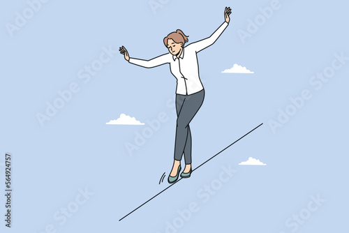 Young businesswoman walking on rope balancing in daily tasks at workplace. Female employee on tightrope show courage and risk at work. Vector illustration. 