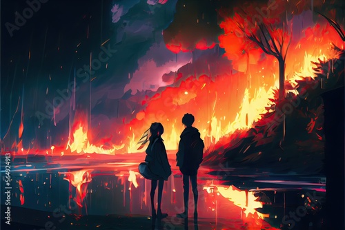 Friends looking in shock as their city burns, fantasy, anime - generative ai