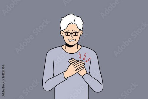 Unhealthy mature grandfather suffer from heart problems. Unwell sick old man touch chest struggle with cardiac arrest. Elderly healthcare. Vector illustration. 