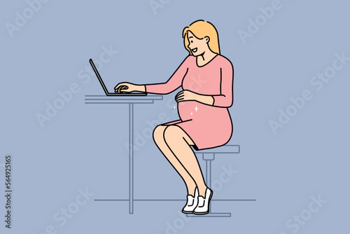 Young pregnant woman work online on laptop at home office. Smiling future mom freelance busy at computer. Pregnancy and business. Vector illustration. 