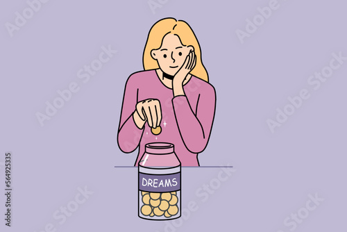 Smiling hopeful girl put coins in glass jar collecting money for future dreams. Dreamy happy woman saving finances for wish or plan. Vector illustration. 