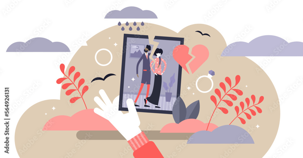 Divorce illustration, transparent background. Flat tiny relationship breakup persons concept. Marriage separation with husband and wife feeling crisis, problems and conflict.