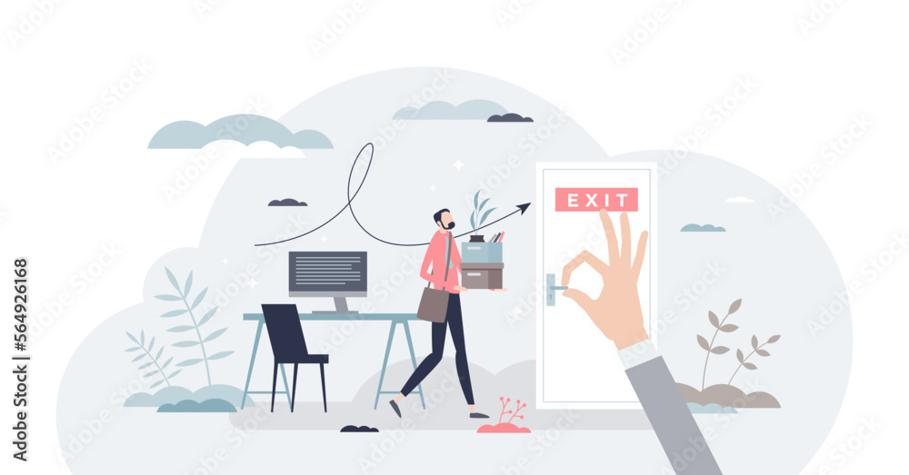 Employee attrition and human resources staff changing tiny person concept, transparent background.Workforce turnover and replace with new labor illustration.