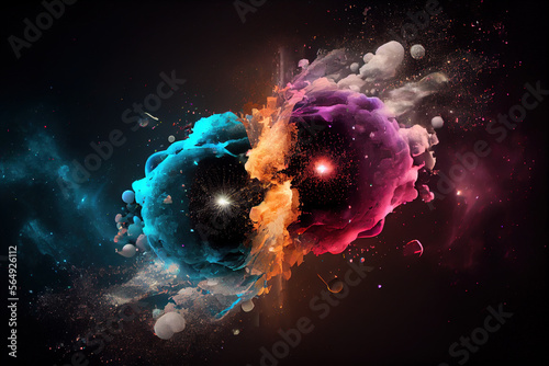 Two beams of colorful particles collide to create a universe