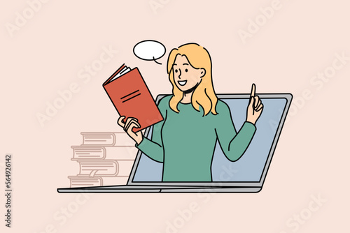 Young woman on laptop screen having online lesson on modern gadget. Smiling female teacher or tutor with book lead webcam class on computer. Education. Vector illustration. 